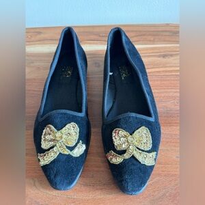 New Vintage Black Velvet Jessica Stevens Slippers Gold Sequin Bows Size 6.5